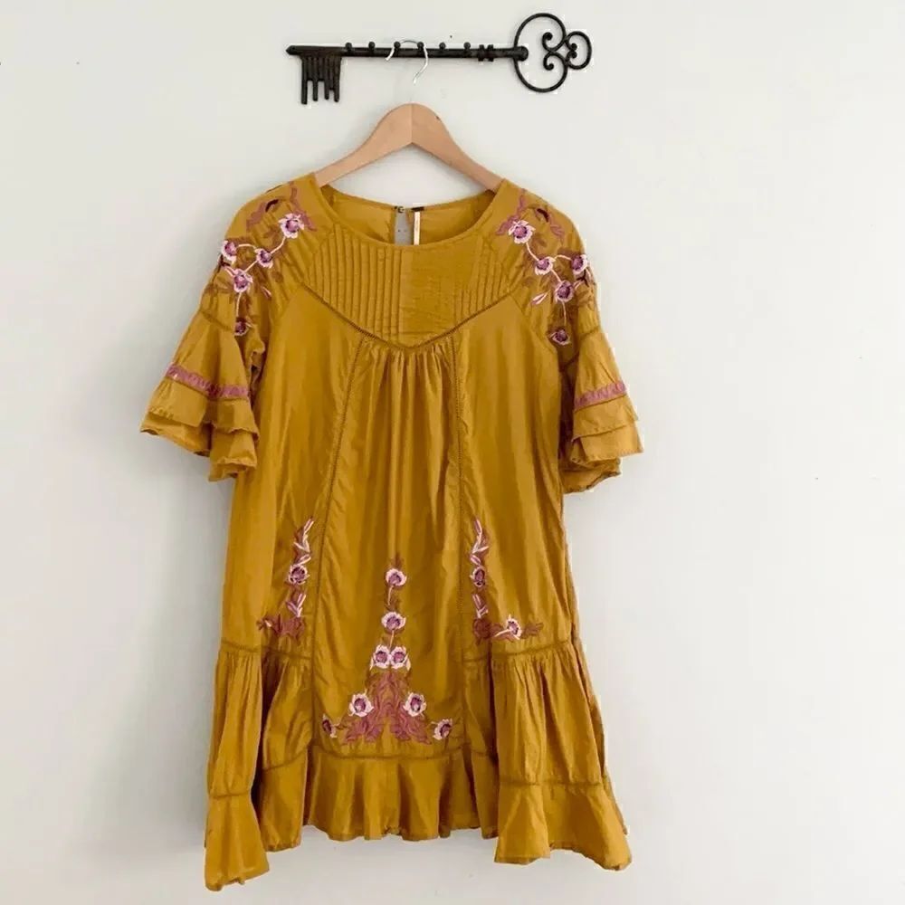 Free People Pavlo mustard yellow boho hippie floral embroidered mini dress small